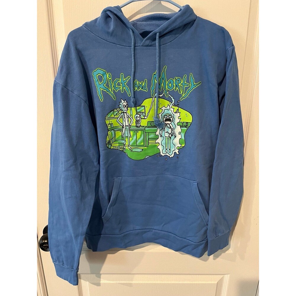 Rick and Morty Hoodie Blue Graphic Pullover Adult Swim Size M NWOT